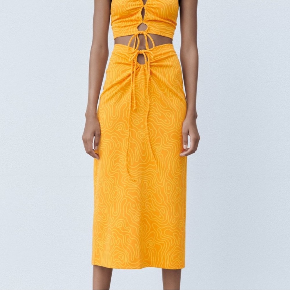 NWT Zara Skirts Zara Orange Abstract Printed Cutout Tie Midi Skirt